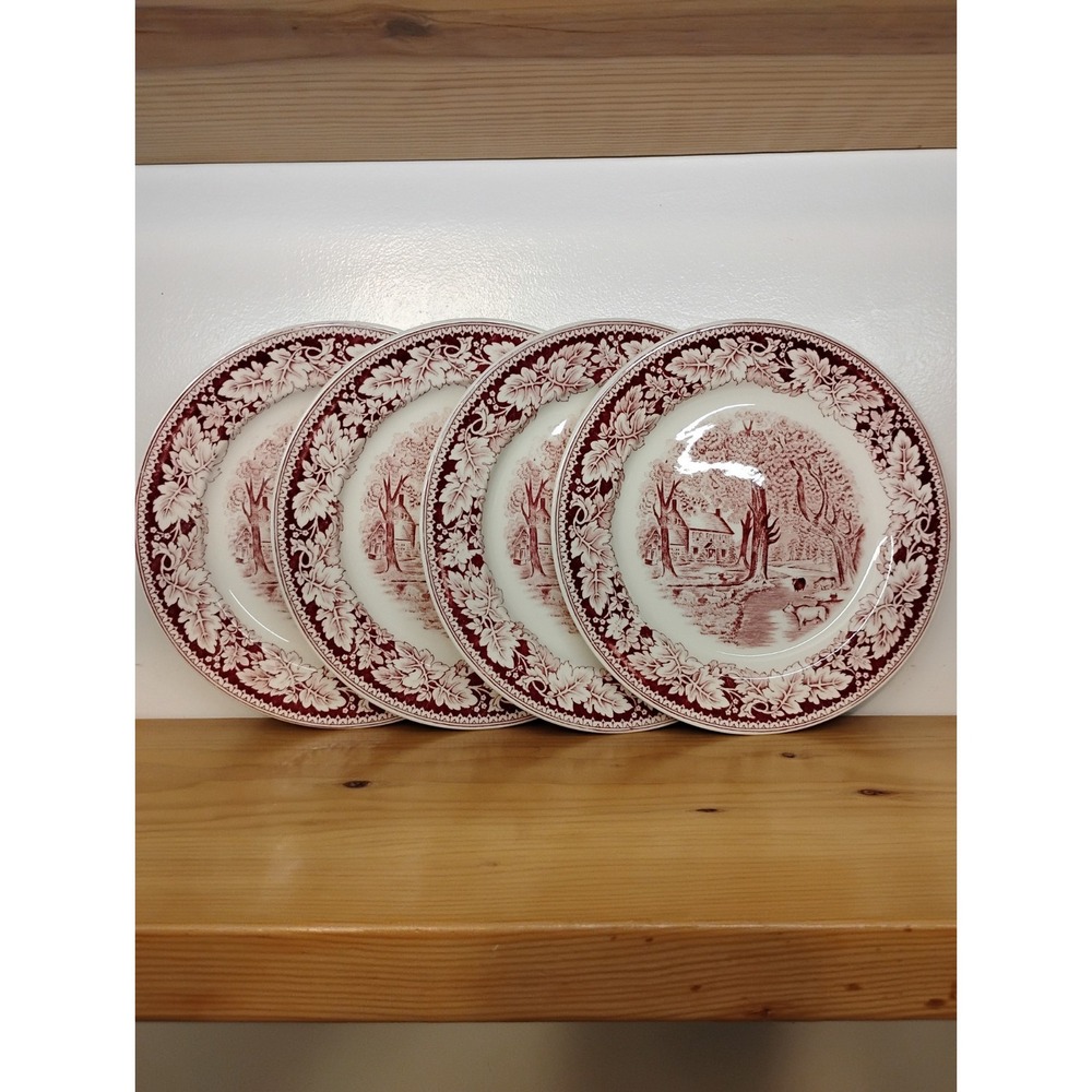 Currier & Ives Home Sweet Home 10" Dinner Plates. Red/white. Set Of 4